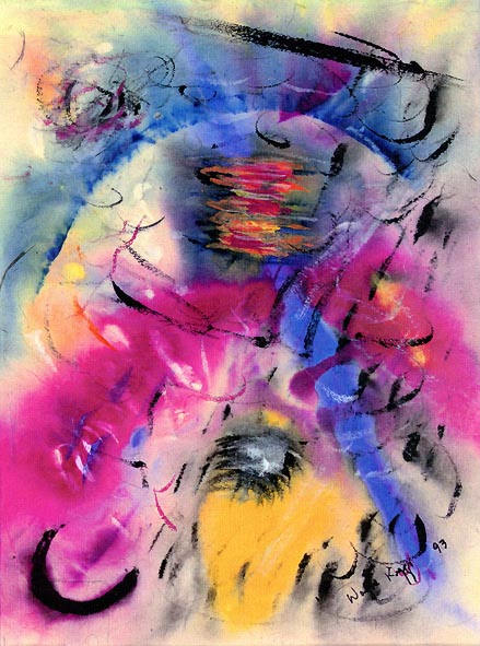 Wayne Riggs &copy; 1993, watercolor, gouache, on papyrus 
19 cm. x 16 cm.( 7 1/2 x 6 3/8 in.) private collection.